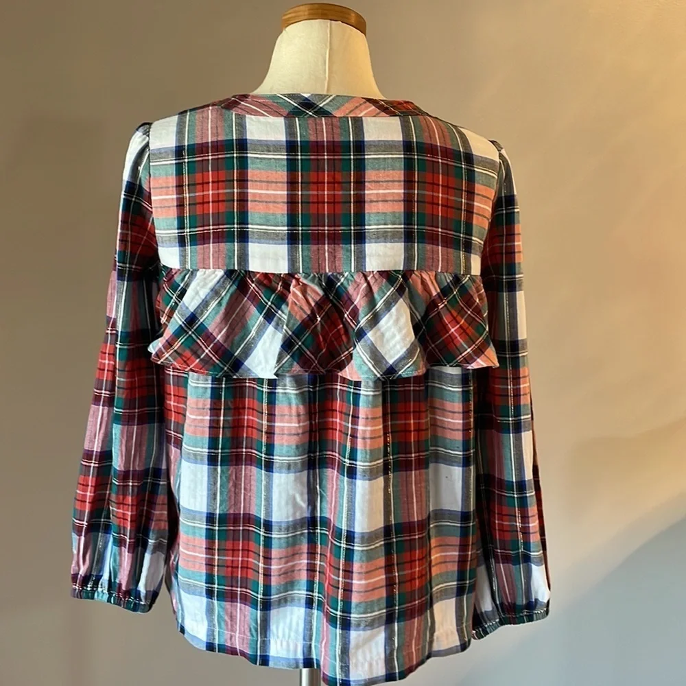 J. Crew women’s plaid pattern blouse top cotton ruffle, metallic accent relax S